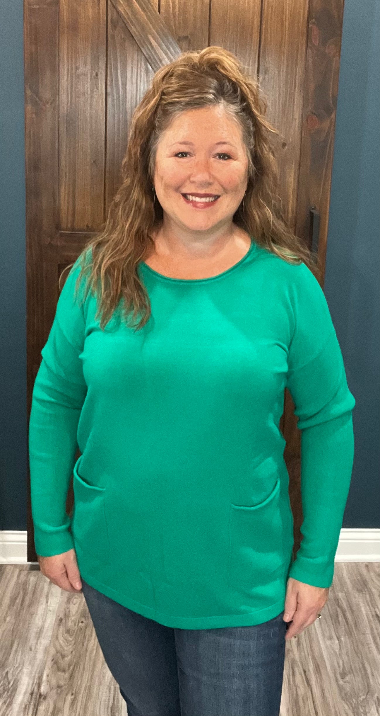 model teal, Marley Front Pocket Sweaters