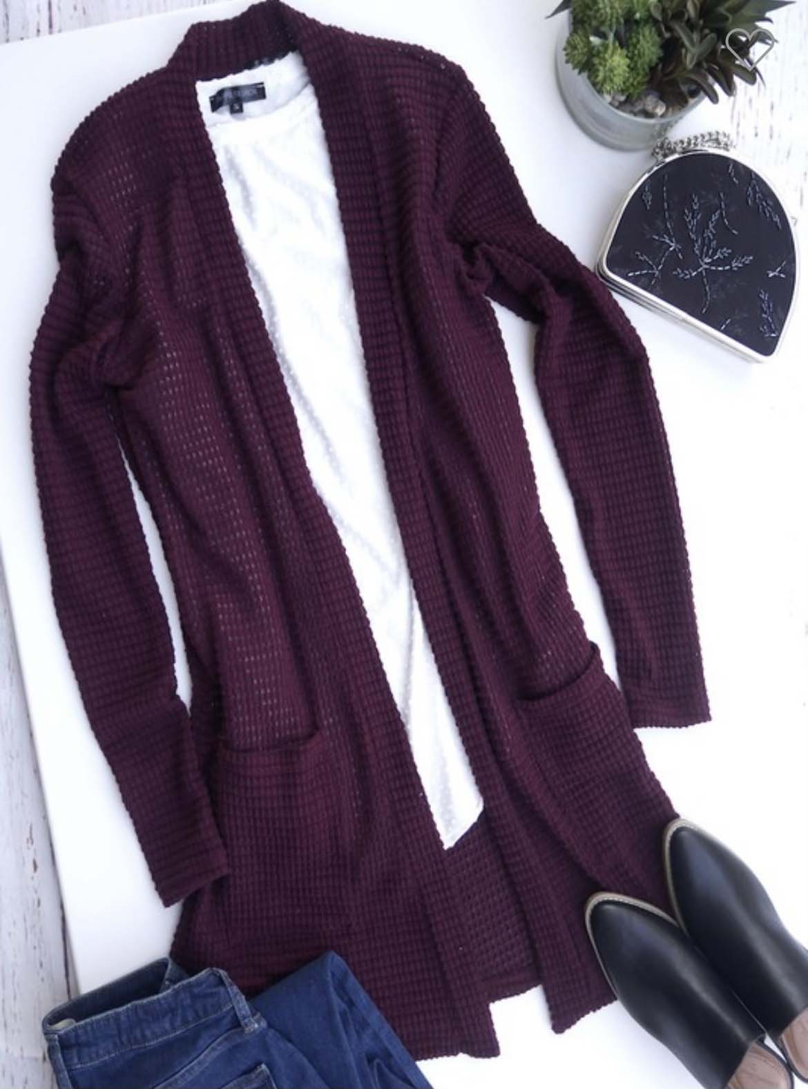 Waffle Knit Cardigans in burgundy