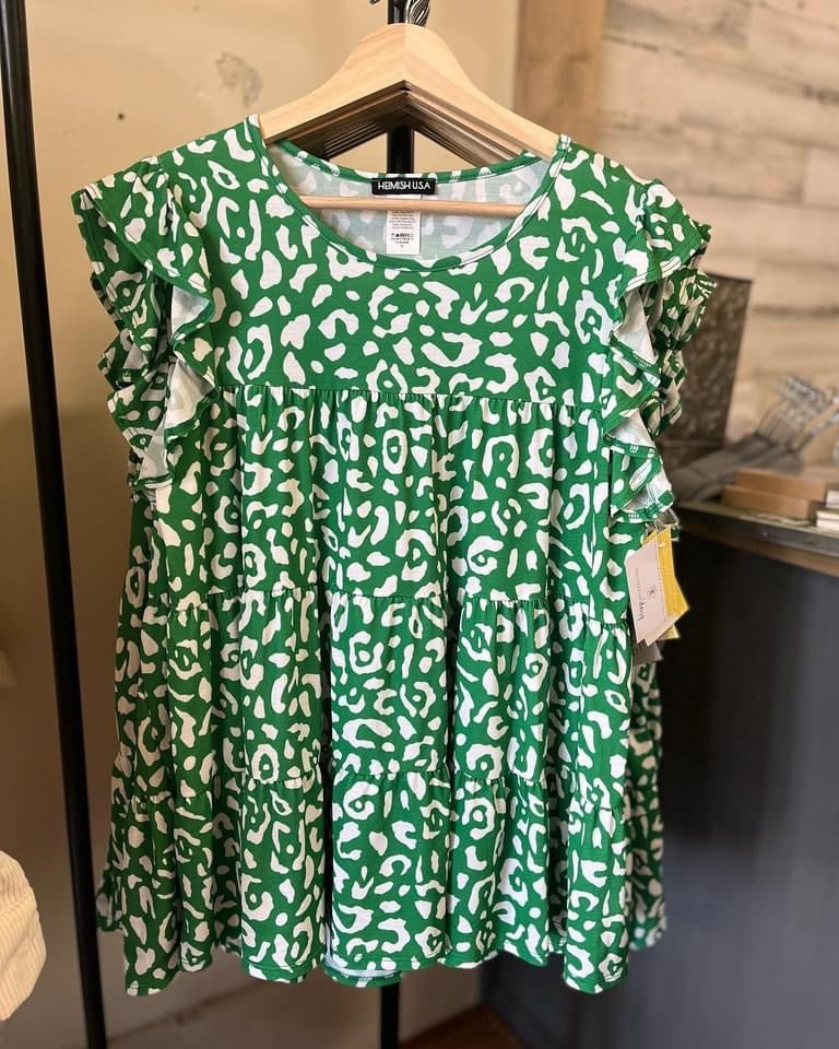 hanging Flowy Kelly Green Top with White Leopard Spots