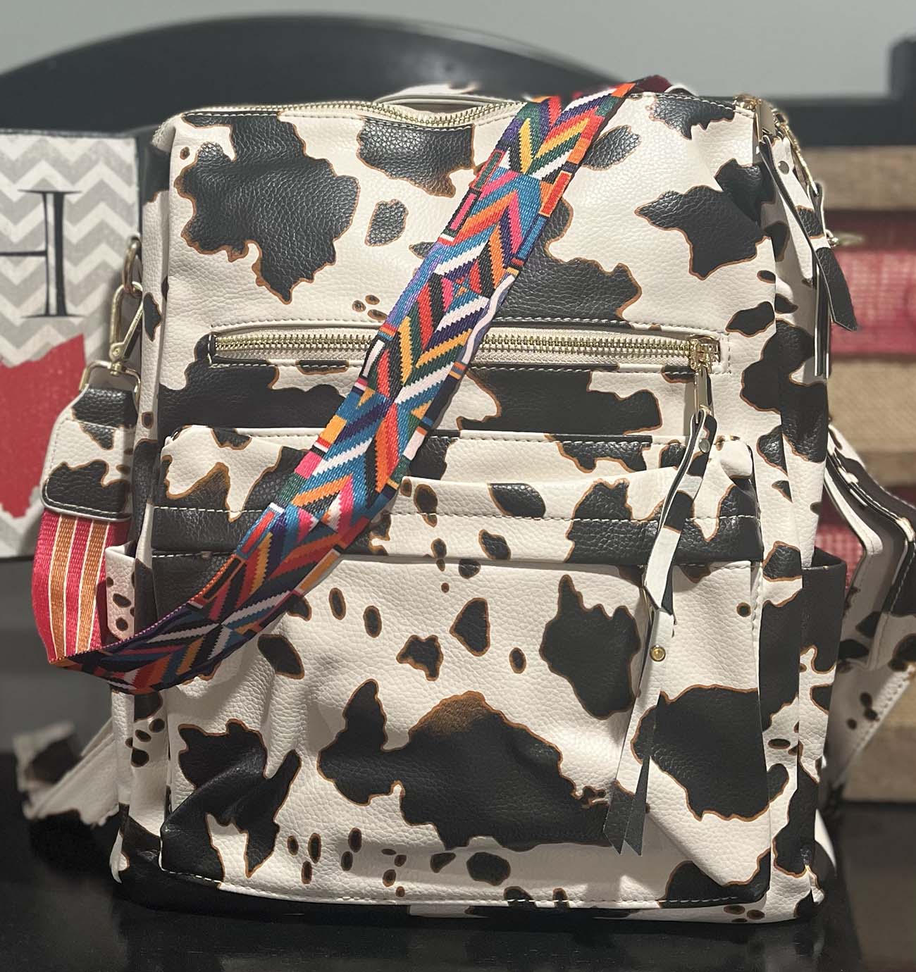 cow print Vegan leather adjustable backpack purses