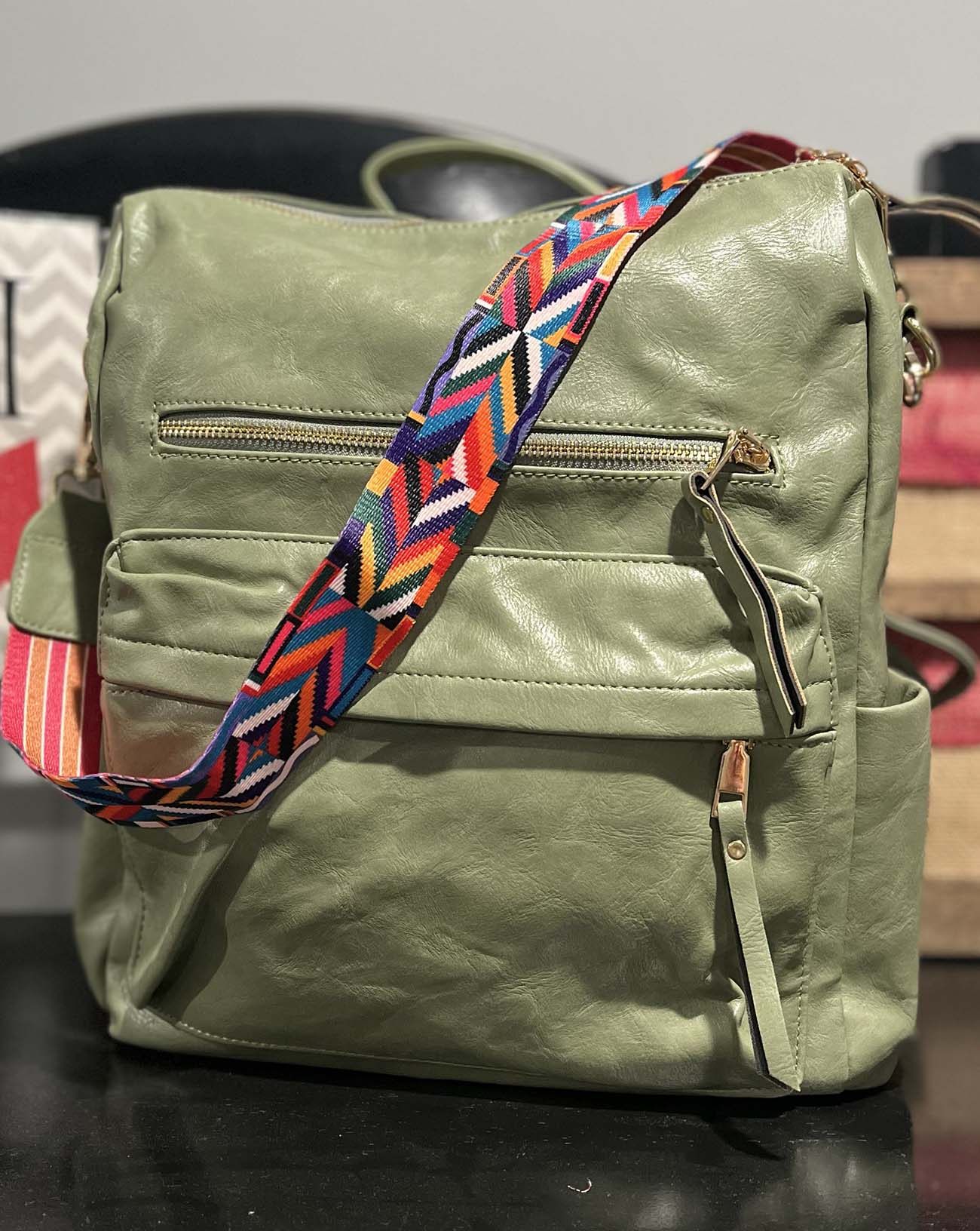 Sage Green Vegan leather adjustable backpack purses