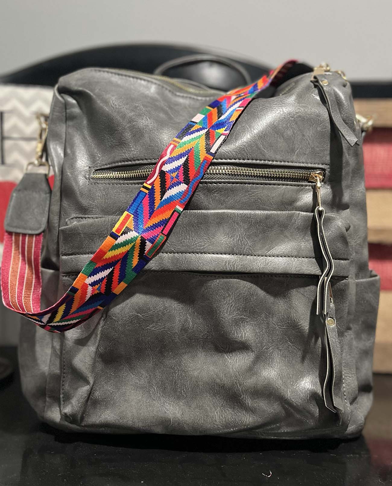 gray Vegan leather adjustable backpack purses