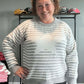 Soft gray and white crew neck sweater
