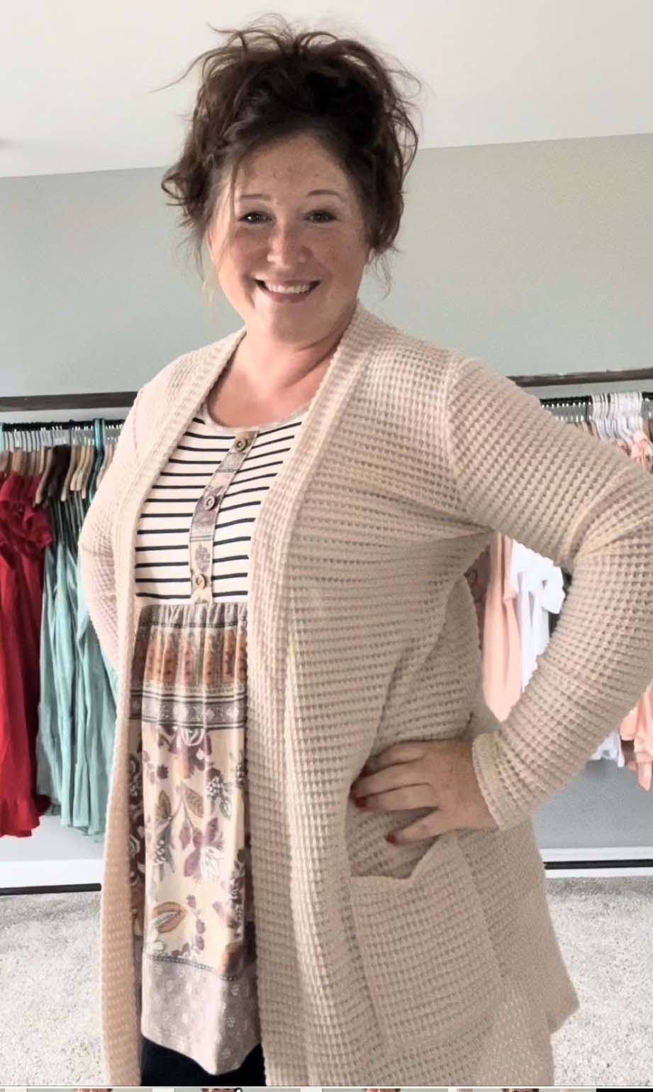Patch Top with oatmeal cardigan