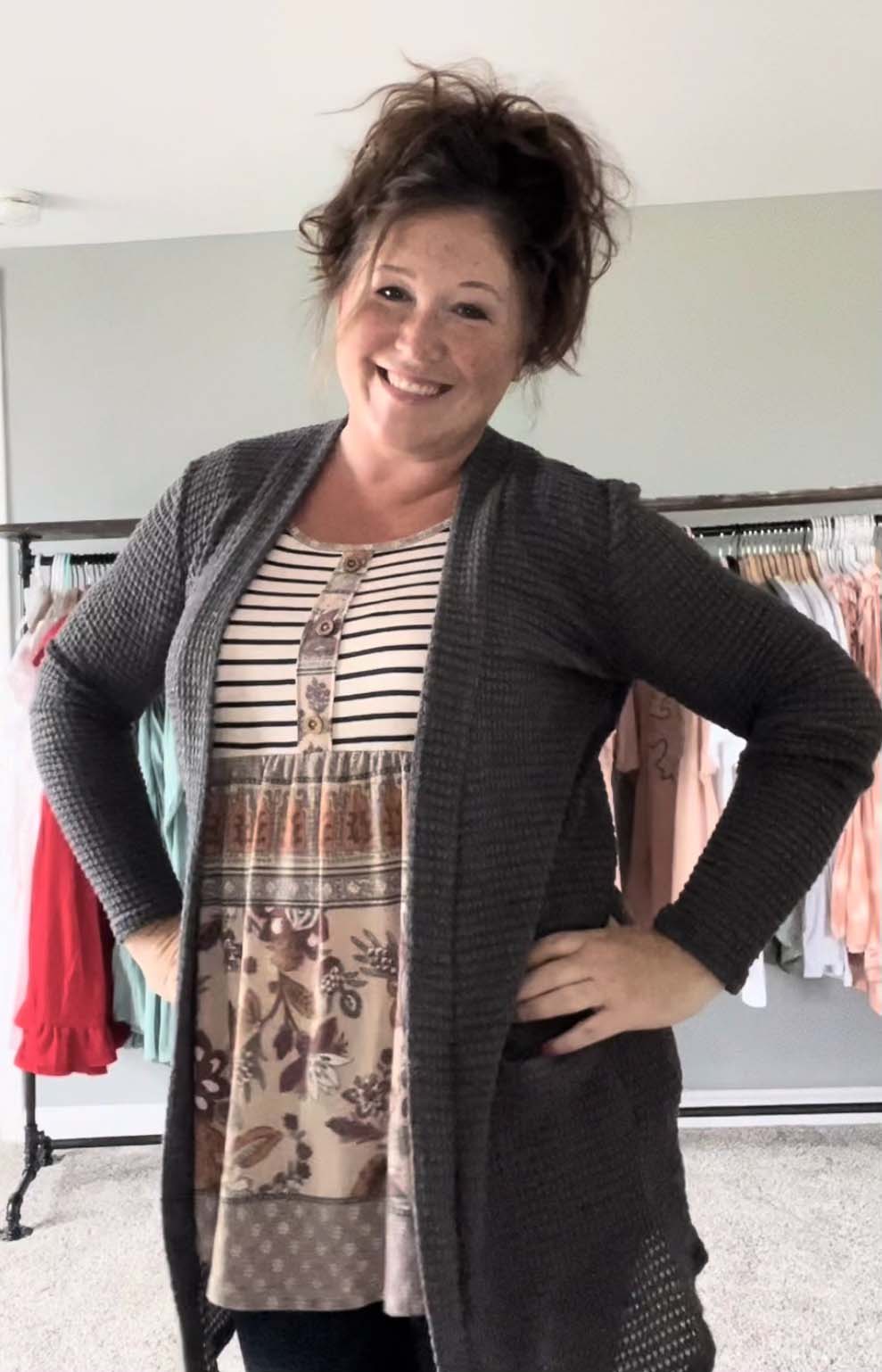 Patch Top with gray cardigan