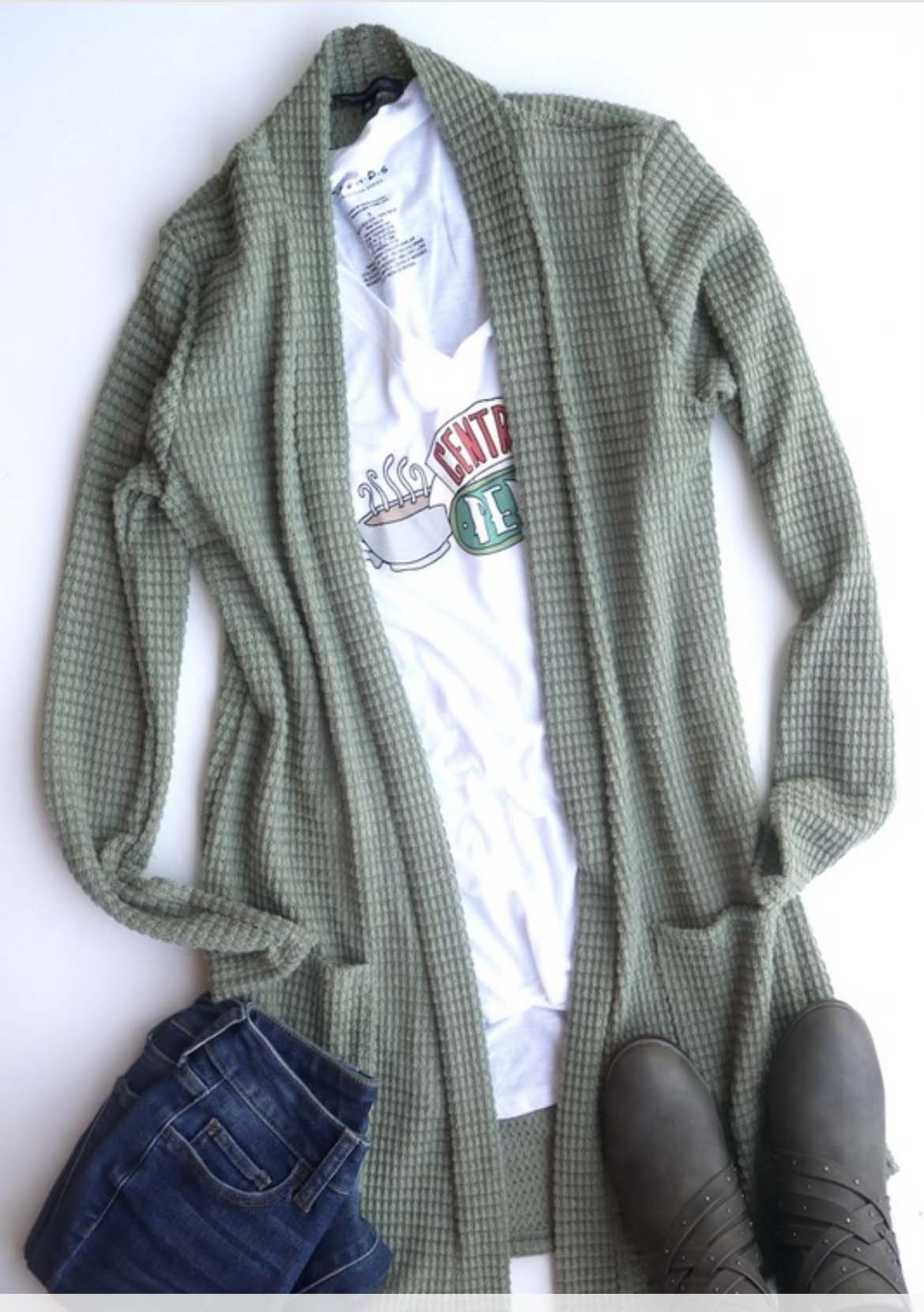 Waffle Knit Cardigans in light olive